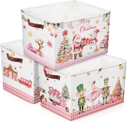Geelin 3 Pcs Large Christmas Baskets 15 x 11 x 9.5 Inch Empty Xmas Storage Bin with Handles Collapsible Waterproof Extra Big Foldable Gift Basket for Office Home Bedroom Cloth Toy Gift(Rustic)