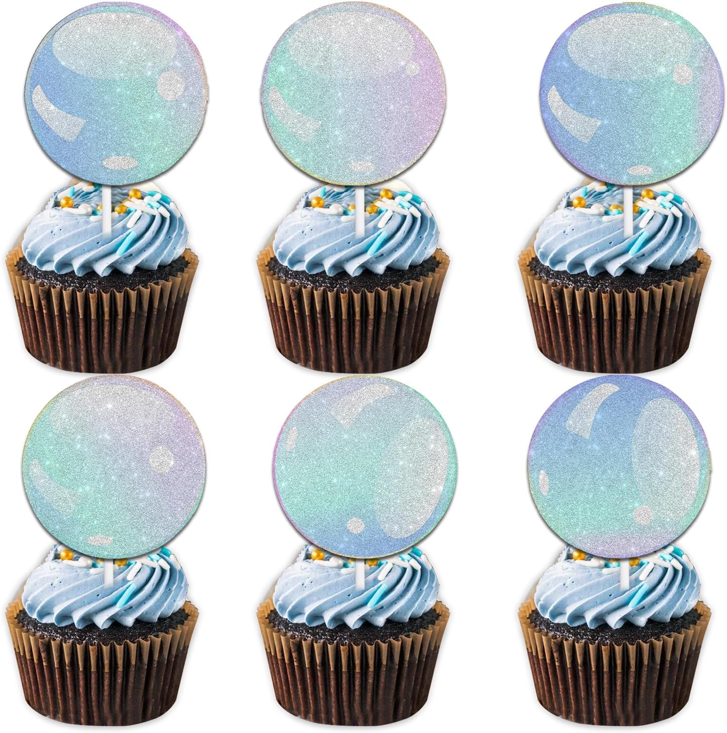 18pcs Blue Glitter Bubble Dessert Cupcake Topper Pick for Under The Sea Theme Decor Supplies Men Women Baby Shower Happy Birthday Party Decorations