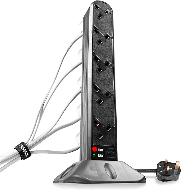 Duronic Extension Lead Tower ST10B Power Strip Cord Adaptor 10 Gang Way | Surge & Spike Protector| Electric UK Multi Plug Socket Adapter | Max. 3000W Capacity | 1.8 Metre Power Cable