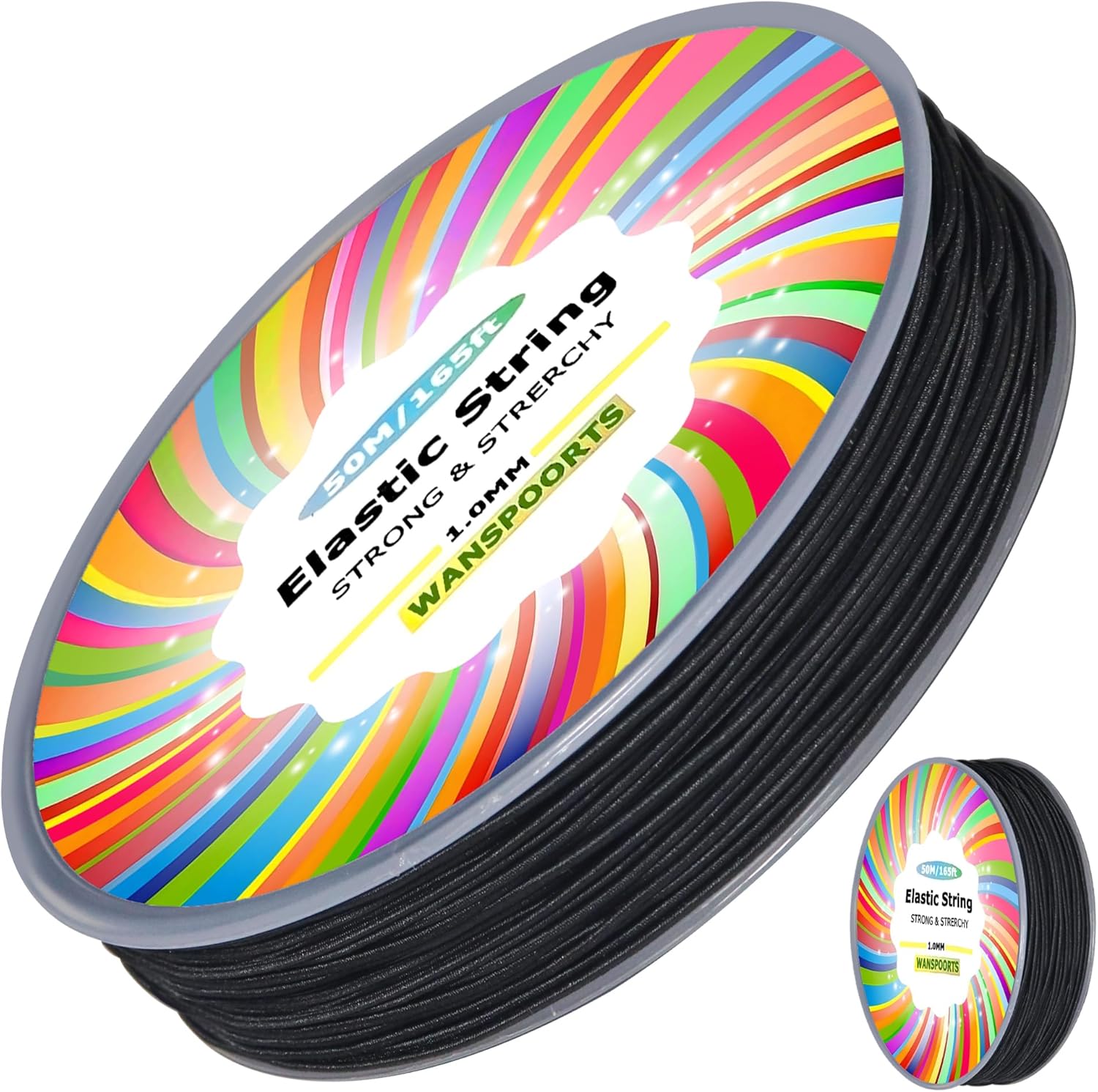 1mm 165ft Rainbow Stretchy Bracelet String, Sturdy Gradient Color Elastic String Elastic Bead Cord for Jewelry Making, Necklaces, Beading and Crafts (Black(50M/165ft))