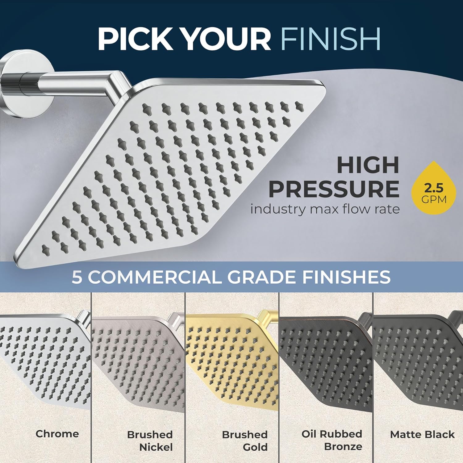 HammerHead Showers® SOLID METAL 8 Inch Square Rainfall Shower Head – CHROME - Shower Head Rainfall - 2.5 GPM High Flow Shower Head Optimized for Pressure – Large Square Rain Shower Heads