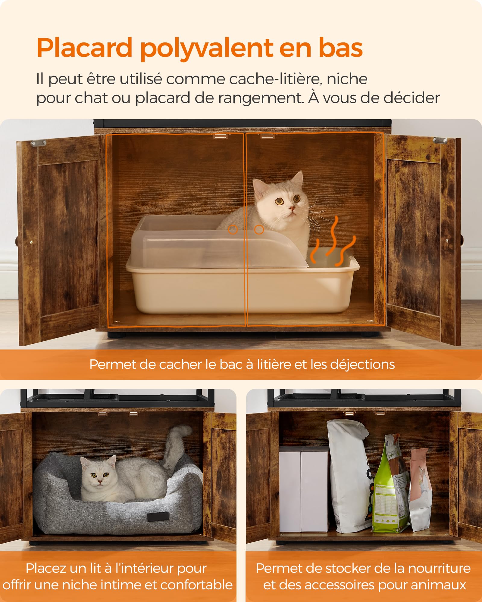 Feandrea Arbre à Chat, Maison pour Chat avec Cache-litière, Gamelles Surélevées, Poteau à Griffer en Sisal, Tapis Lavables, Marron Rustique PCT312X01