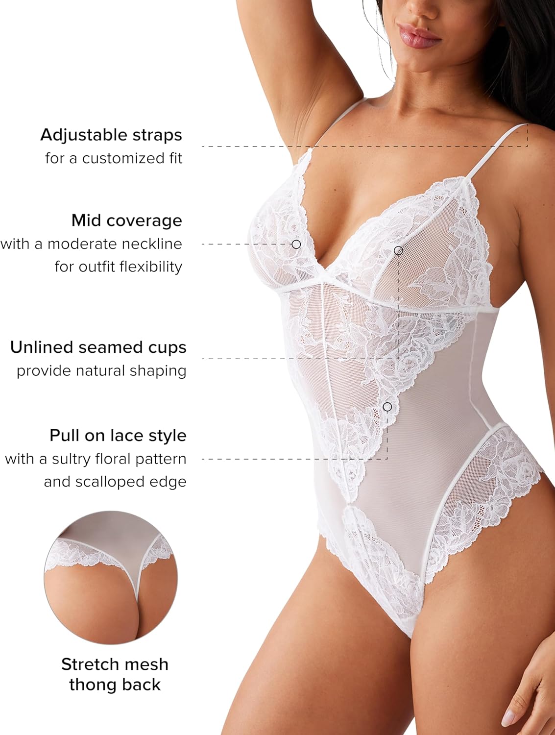 Wacoal Women's Vivid Attraction Pull on Mesh Lace Thong Bodysuit, 836384