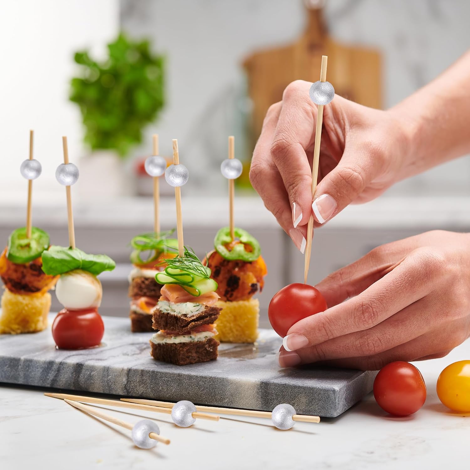 GUSTO [Case of 10,000] Cocktail Picks & Food Toothpicks - 4.7 Inch Wooden Pick Skewers for Drinks & Appetizers - Fancy Silver Pearl Picks (Formerly Comfy Package)