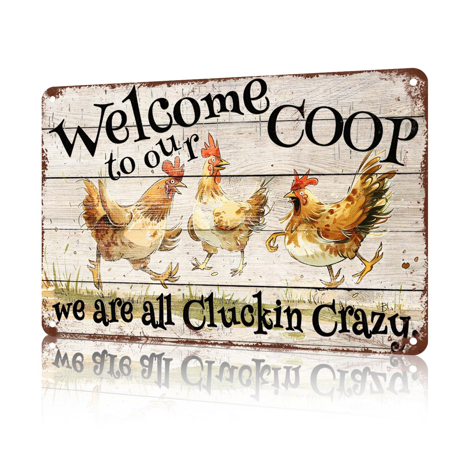 Anceky Aluminum Metal Tin Sign Funny Vintage Welcome To Our Coop We Are All Cluckin Crazy Metal Tin Sign for Home Living Bedroom Yard Decor Garden Outdoor 12×16 Inches