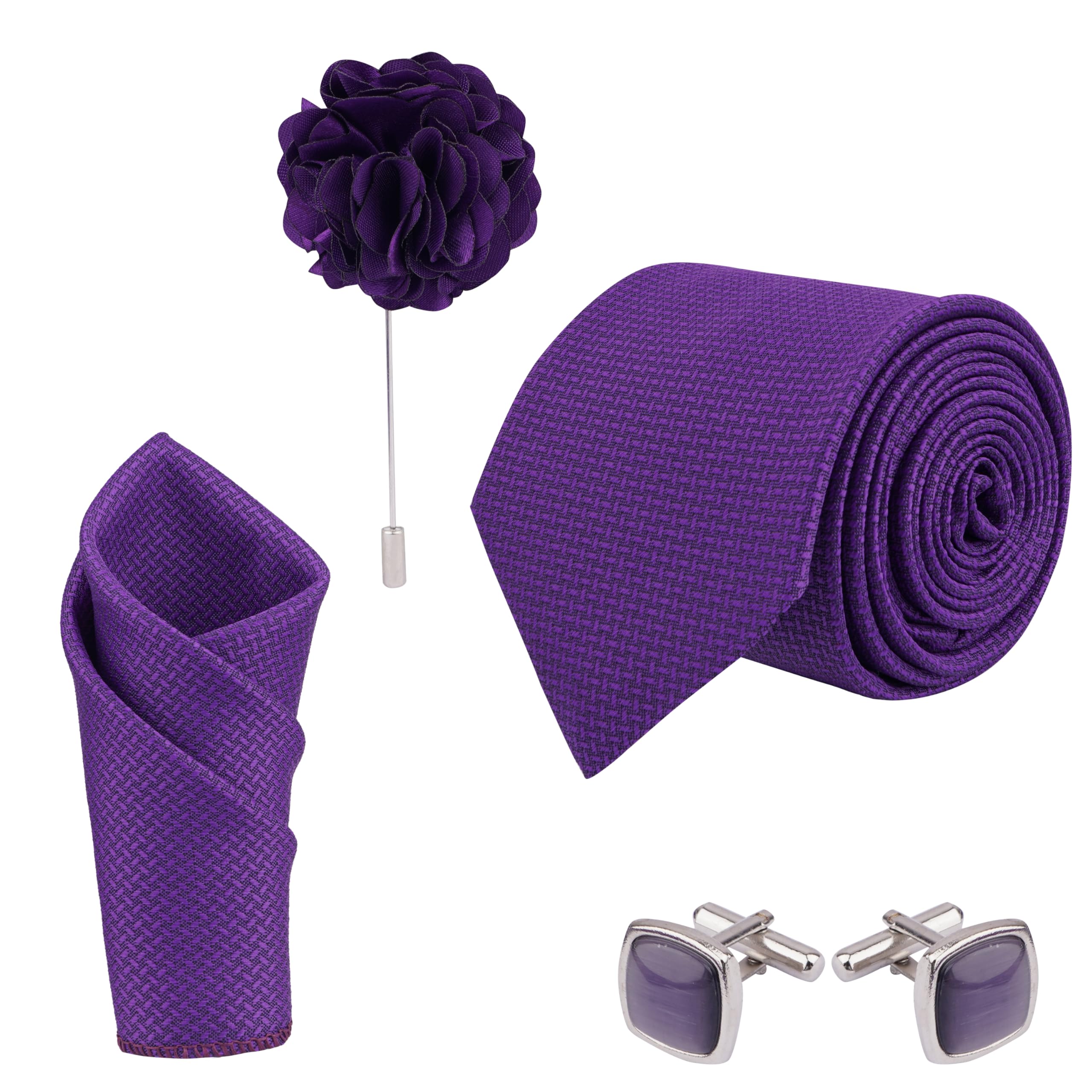 Men's Purple Criss Cross Design MicroPoly Formal Necktie Tie With Pocket Square,Lapel Pin,Cufflinks, Solid Color Tie with Silky Feel (Leatharite Gift Box) (Pack of 4)-image-43