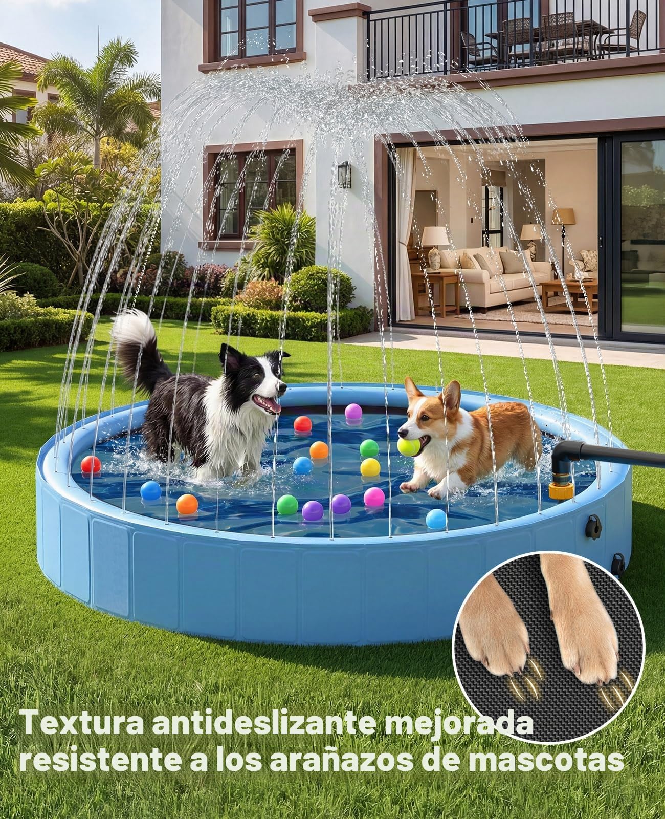 Piscina para Perros con Sistema de chorros, 160 x 30cm Piscina Perros Grandes, Baño portátil Plegable para Perros, Piscina Antideslizante 2 en 1 para Perros, Apta para el jardín, Azul