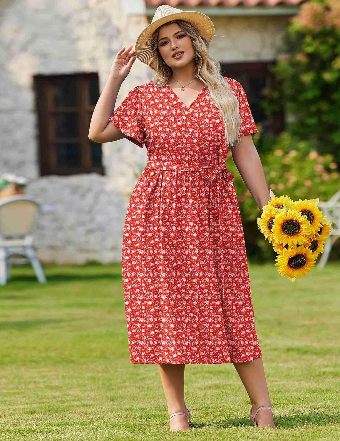 IN'VOLAND Women Plus Size Short Sleeve Dress Casual Wrap V Neck Belted Vacation Beach Midi Dresses with Pockets - Image 3