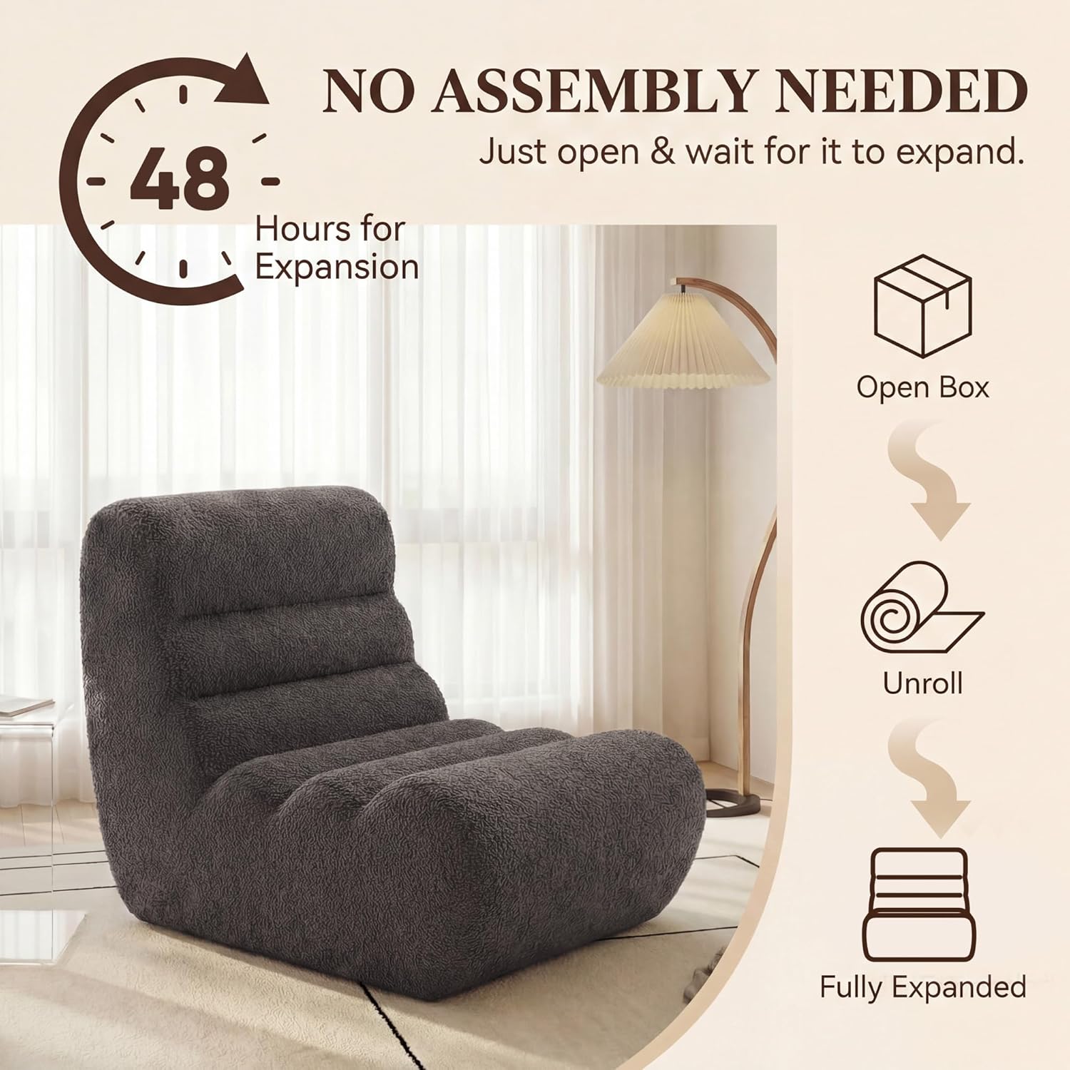 Flamaker Bean Bag Chairs for Adults, Chaise Lounge Chair Indoor with Memory Foam, Cozy Reading Chair with Convenient Movable Handle for Living Room, Apartment, Home Theater (Grey)