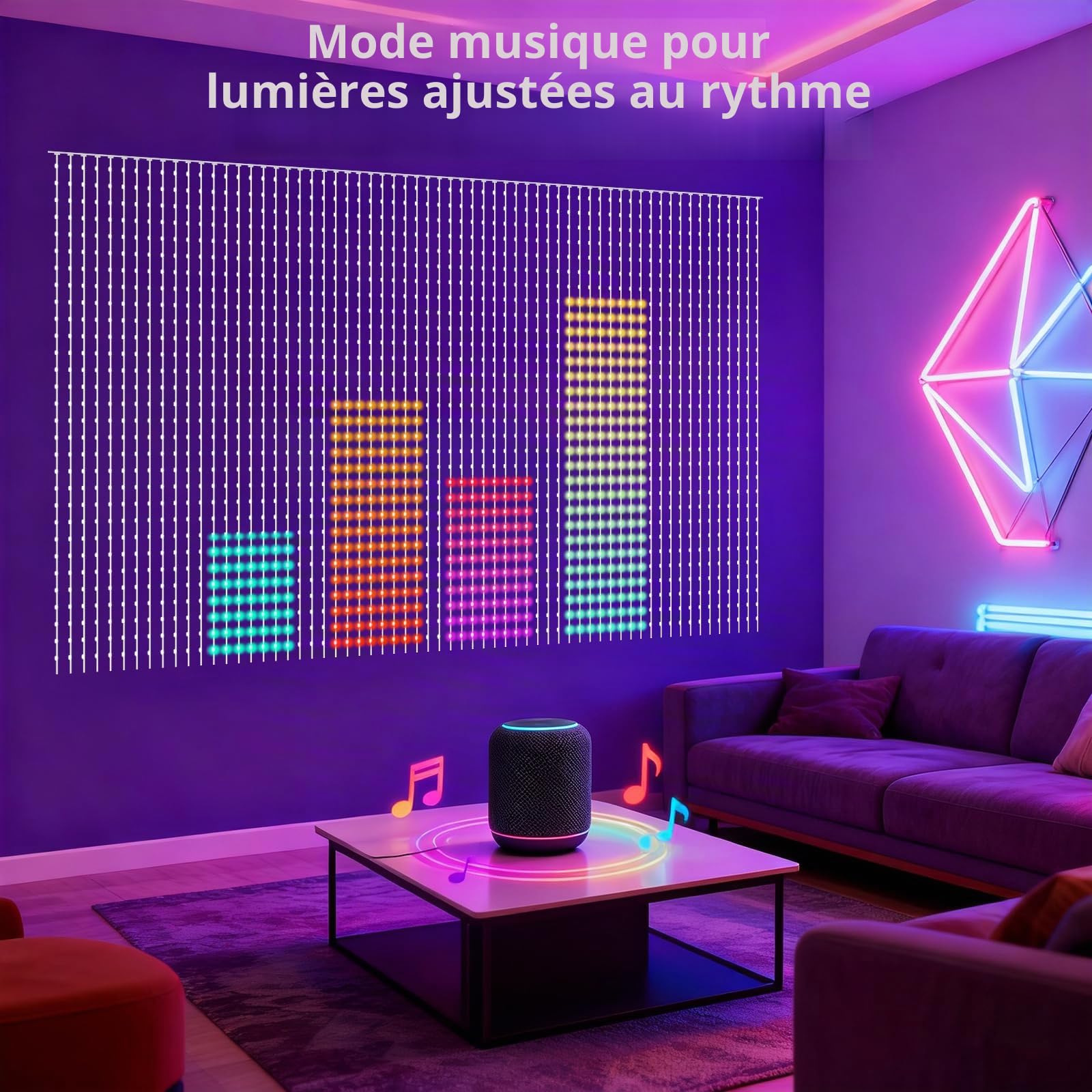 Rideau de lumières LED, 2x2m, 400 LEDs, RGBW avec IC, guirlandes lumineuses, connexion Bluetooth, rideau lumineux DIY, rideau LED intelligent, 210 modes pour salon, chambre, fêtes et