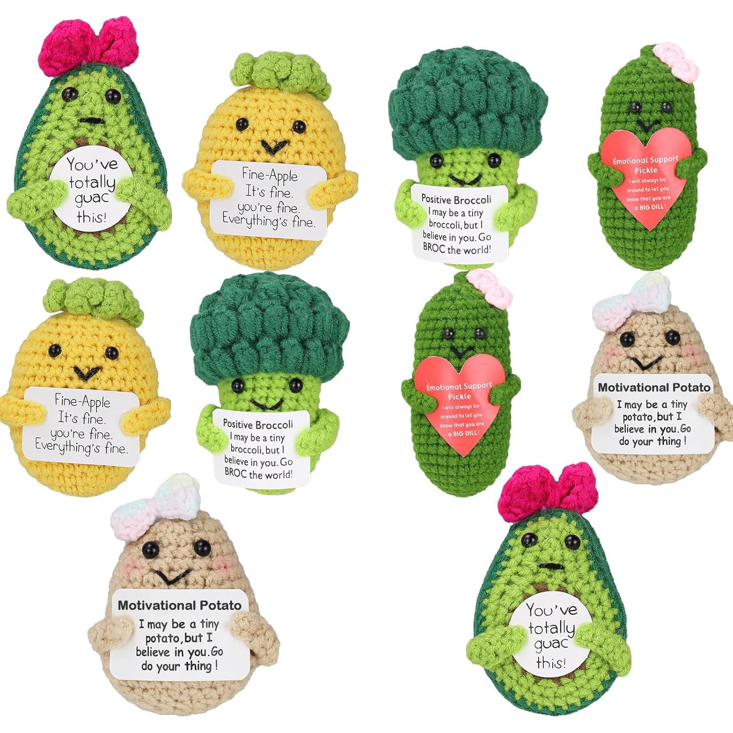 10 Pcs Handmade Positive Crochet Dolls Set, Encouragement Support Fruit & Vegetable Figures with Uplifting Cards