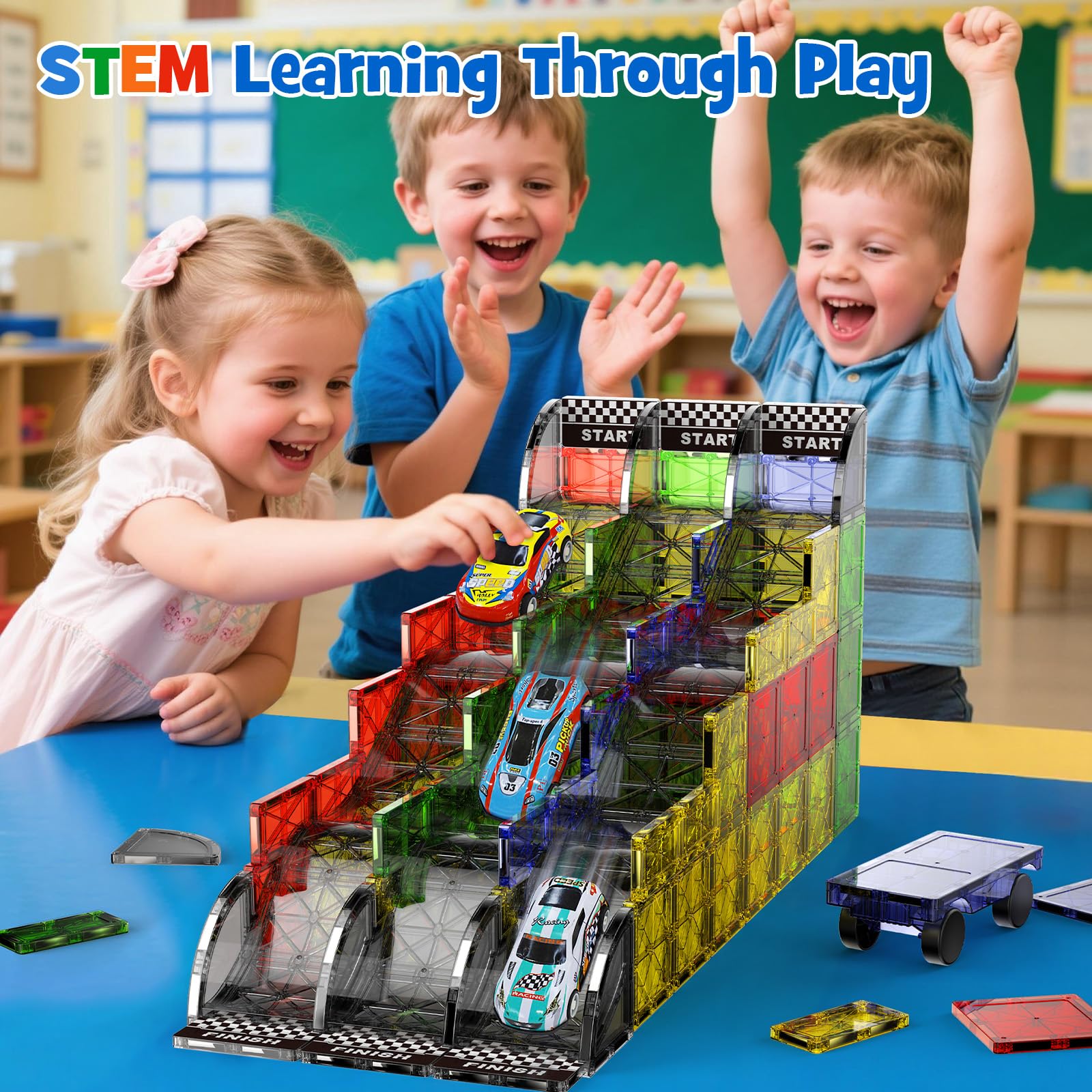 Magnetic Tiles Downhill & Road Set, 40PCS STEM Building Toys for Kids Aged 3+ - Image 4