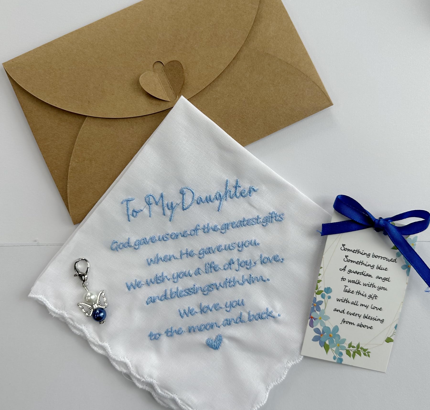 MKISHINE Something Blue Taschentuch für Braut – Engel-Geschenk, Hochzeitsstrauß-Clip, Blau