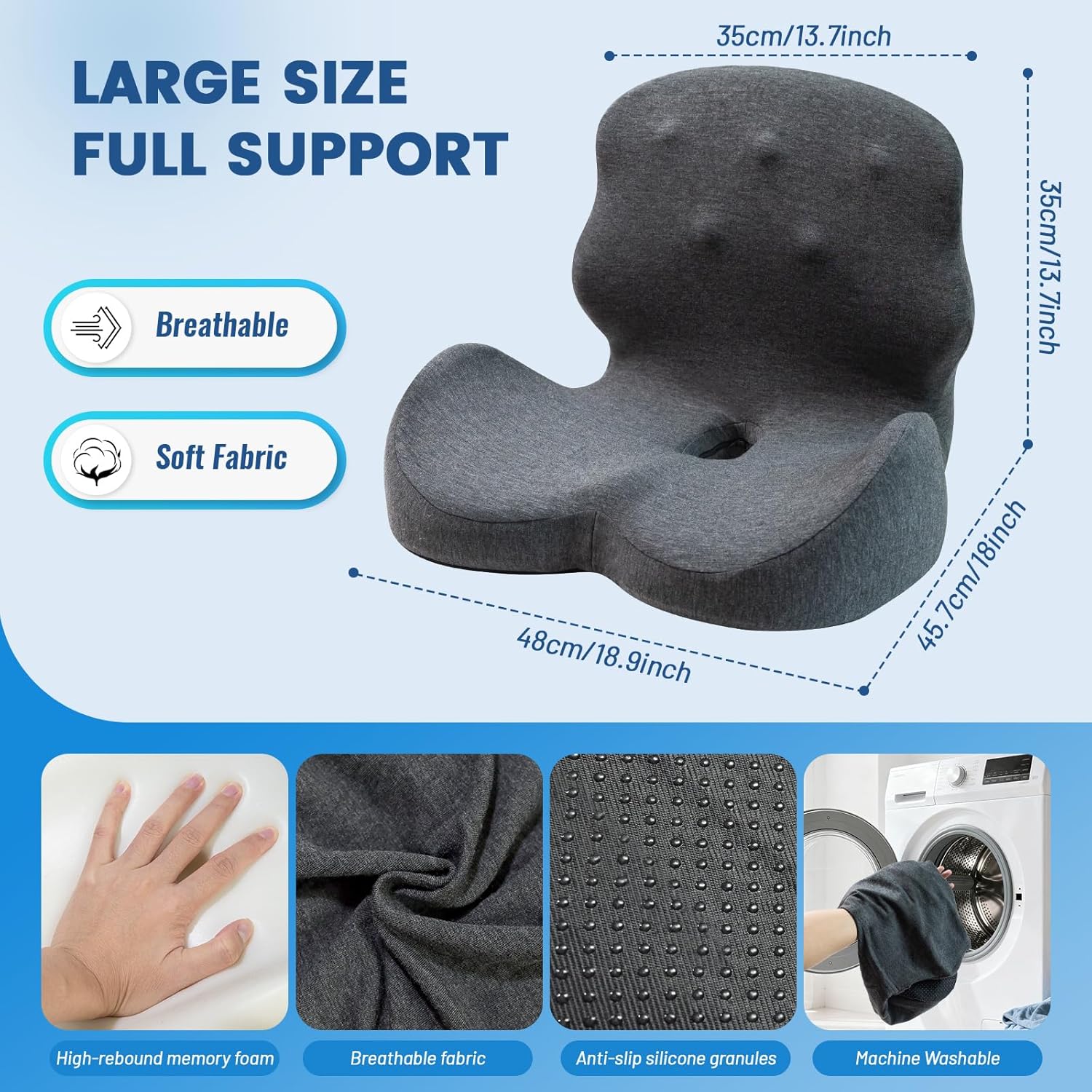 seat cushion - memory foam cushion for office chair, lumbar support pillow one piece, for sciatica & tailbone pressure relief coccyx pad for long sitting office chair, wheelchair, home, office dark gray