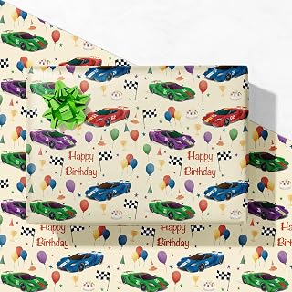 GIOLNIAY Race Car Birthday Wrapping Paper for Boys Kids Toddlers -Sports Car Party Gift Wrap with Balloons Cakes Flags - 28 x 40 Inches, 4 Folded Sheets, Easy to Store