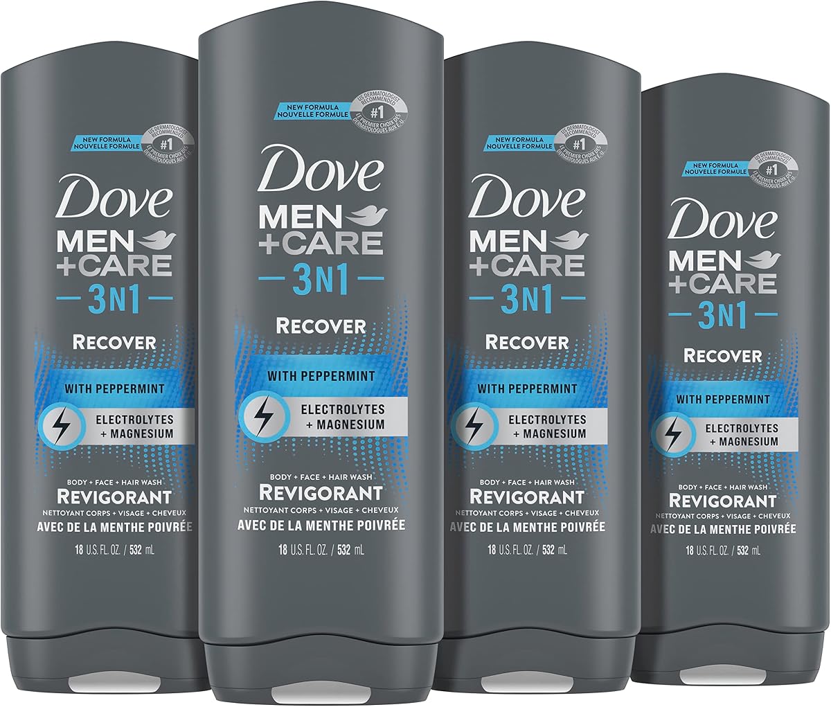 Dove Men+Care Post-Entrenamiento 3 en 1 (cuerpo + rostro + lavado de cabello) con menta 4 unidades infundidas con electrolitos + magnesio 18 oz | Cuerpo + Rostro + Lavado de Cabello con Electrolitos + Magnesio