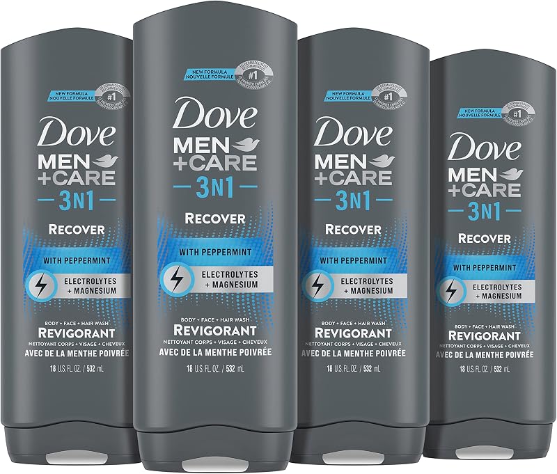 Dove Men+Care Post-Entrenamiento 3 en 1 (cuerpo + rostro + lavado de cabello) con menta 4 unidades infundidas con electrolitos + magnesio 18 oz | Cuerpo + Rostro + Lavado de Cabello con Electrolitos + Magnesio