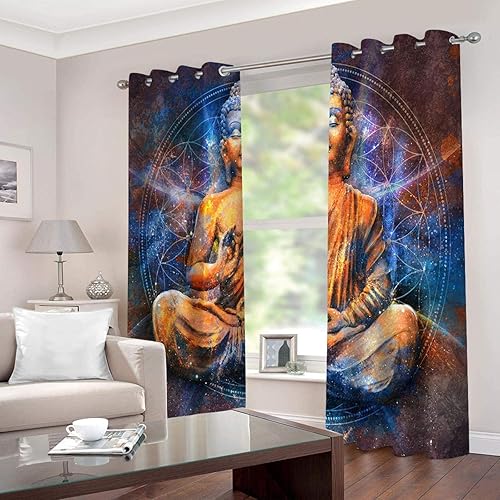 Miniatura 2 de Cortinas opacas de estatua de Buda, cortinas impresas en 3D con fondo de cielo estrellado, 2 paneles, cortinas con aislamiento térmico, cortinas