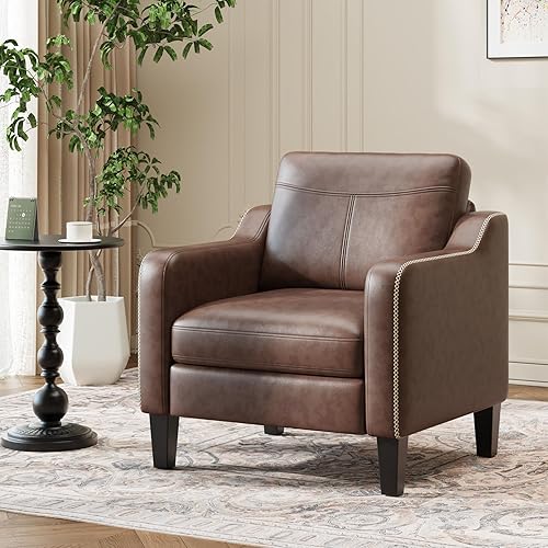 Miniatura 6 de PU Leather Accent Chair Set of 2, Mid-Century Modern Living Room Armchair Sofa with Removable Cushions & Stitched Armrest Design, Bedroom Chair with
