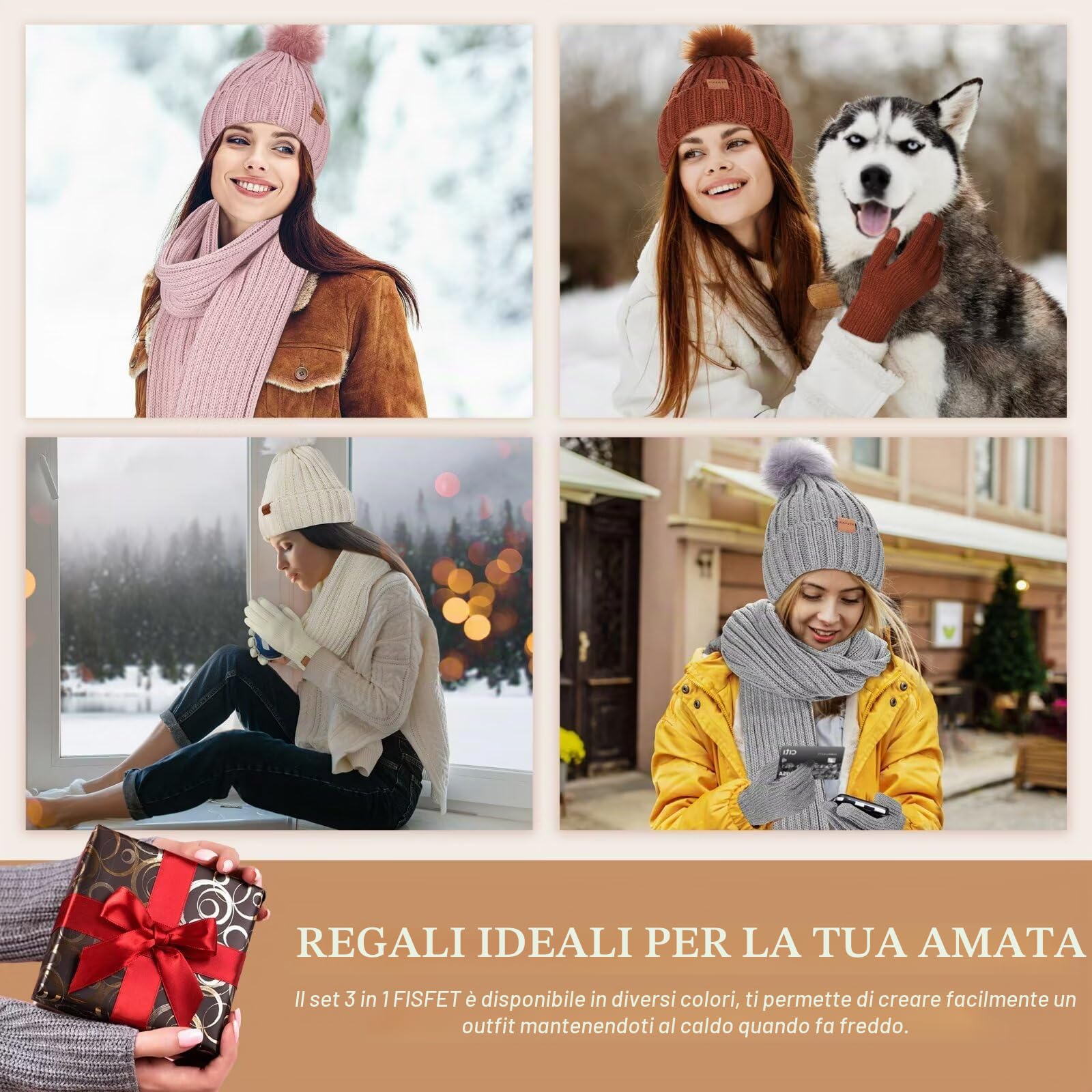 FISFET Set di cappello, sciarpa e guanti per donne, berretto invernale con pompon in pile per donne, guanti touchscreen e scaldacollo, cappello 3 in 1, Taglia unica