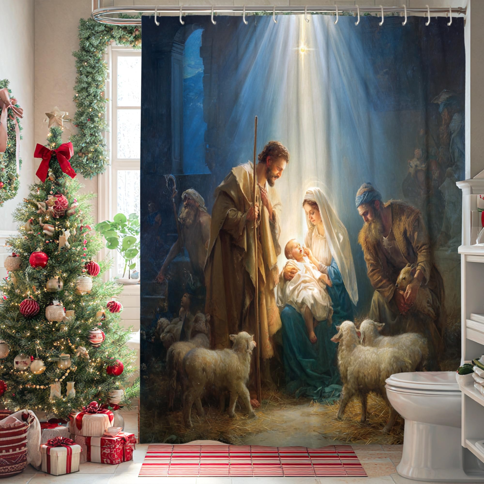 Rideau de douche crèche de Noël en tissu d'art vintage religieux avec crochets inclus