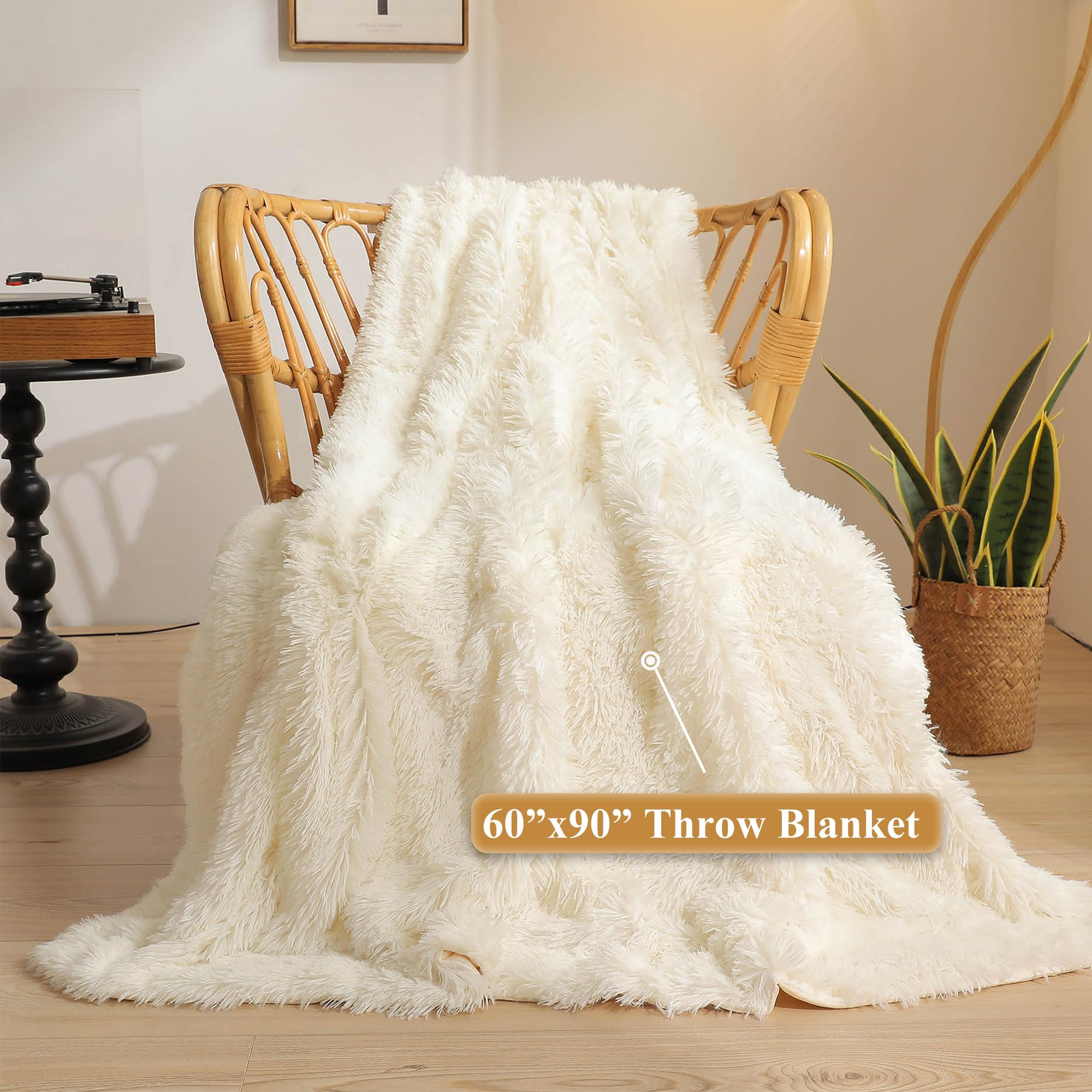 XeGe Luxury Faux Fur Blanket, Beige Soft Big Fluffy Throw, Shaggy Plush Decorative Couch Blanket Ivory - Image 2