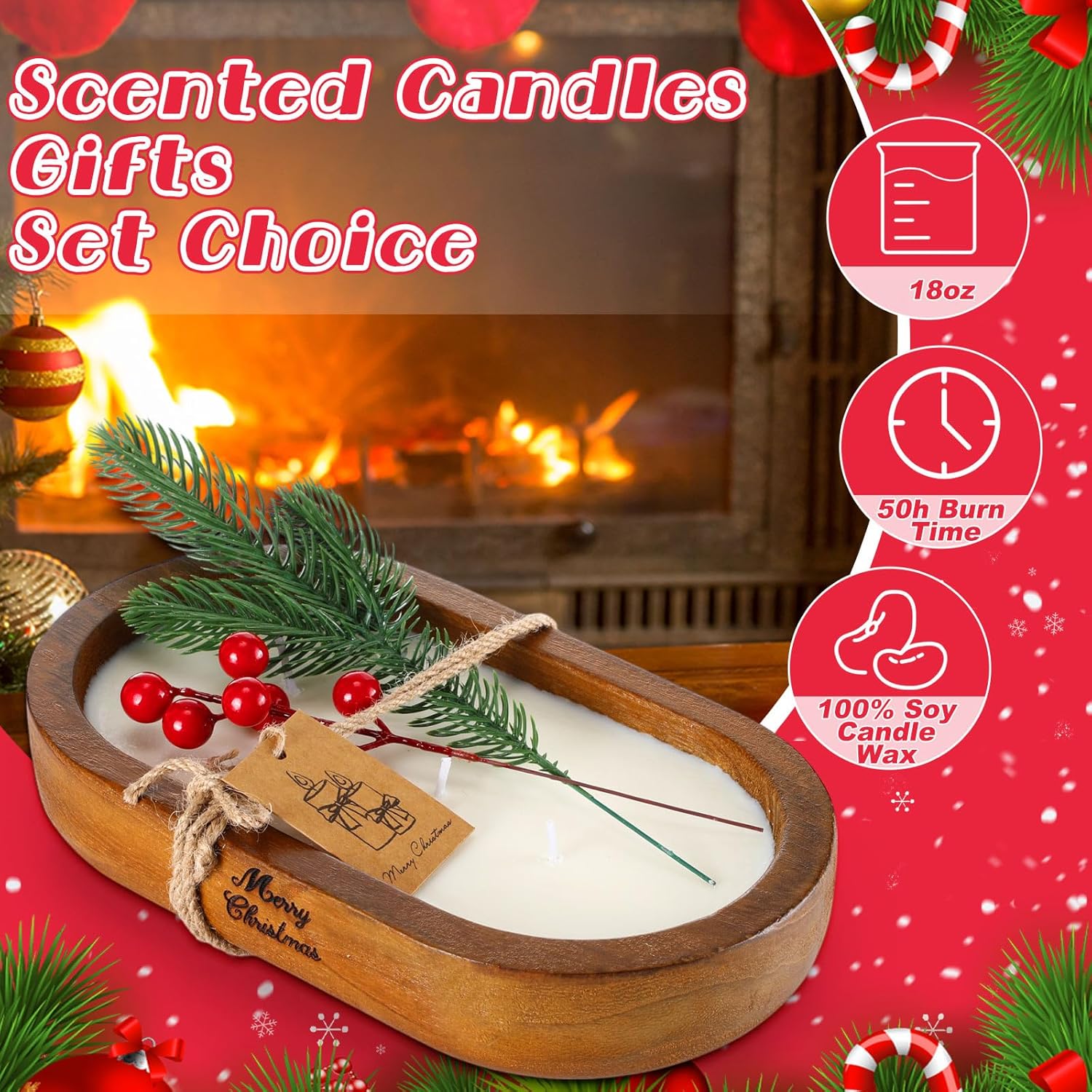 MTLEE 2 Pack Dough Bowl Christmas Candle Wood Candle 9.4 x 5.7 x 1.8 Inch Scented Candles for Home Wooden Candle Bowl 3 Wick Decorative Candles for Home Decor Farmhouse Gift for Christmas
