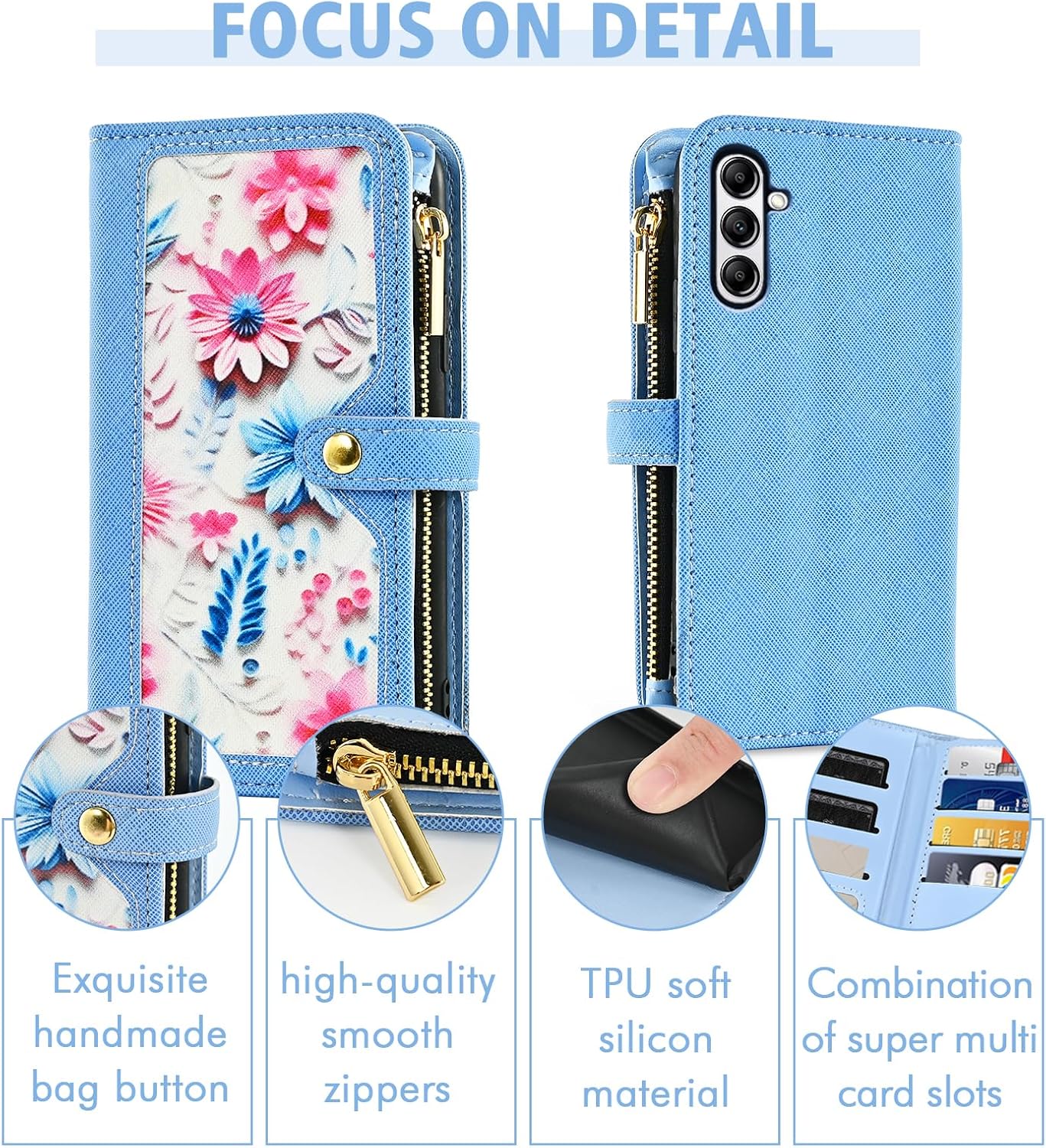 Furiet Floral Wallet Case for Samsung Galaxy S24 Plus/S25 Plus S24+ S25+ 5G with Wrist Strap Shoulder Strap Flip Zipper Purse, Card Holder Phone Cover for S24Plus 24S + S 24 24+ S25Plus 25S 25+ Blue - Image 4
