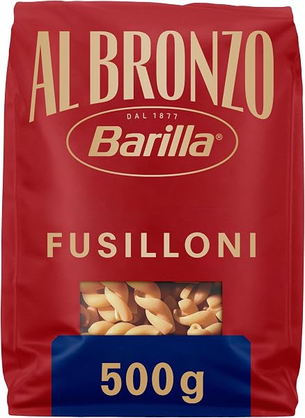 Barilla Pasta Al Bronzo Fusilloni 100% Grano Italiano, Pasta Trafilata Al Bronzo con Lavorazione al Bronzo Grezzo, Ruvidità Intensa, Formato Spesso e Corposo, Alta Tenuta di Sugo e Cottura, 500 g - 1
