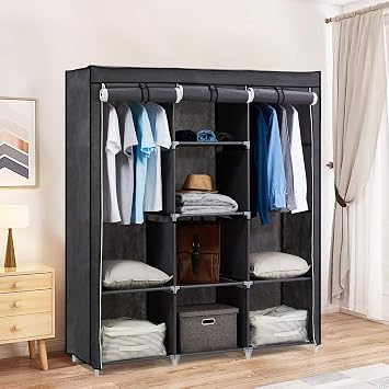 Hododou Canvas Wardrobe, Portable Wardrobe, Foldable Closet, Clothes Storage Organizer with 2 Hanging Rails for Living Room, Bedroom 175 x 150 x 45CM Grey