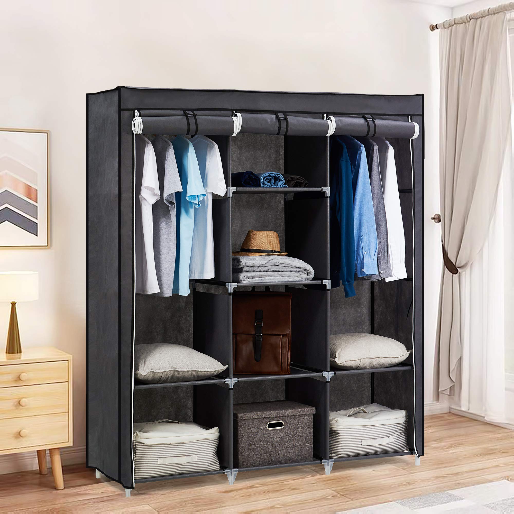 Hododou Tragbarer Kleiderschrank, groß, Segeltuch, 175 x 150 x 45 cm, Grau | Kleideraufbewahrungs-Organizer mit 2 Kleiderstangen, faltbarer Schrank für Wohnzimmer, Schlafzimmer