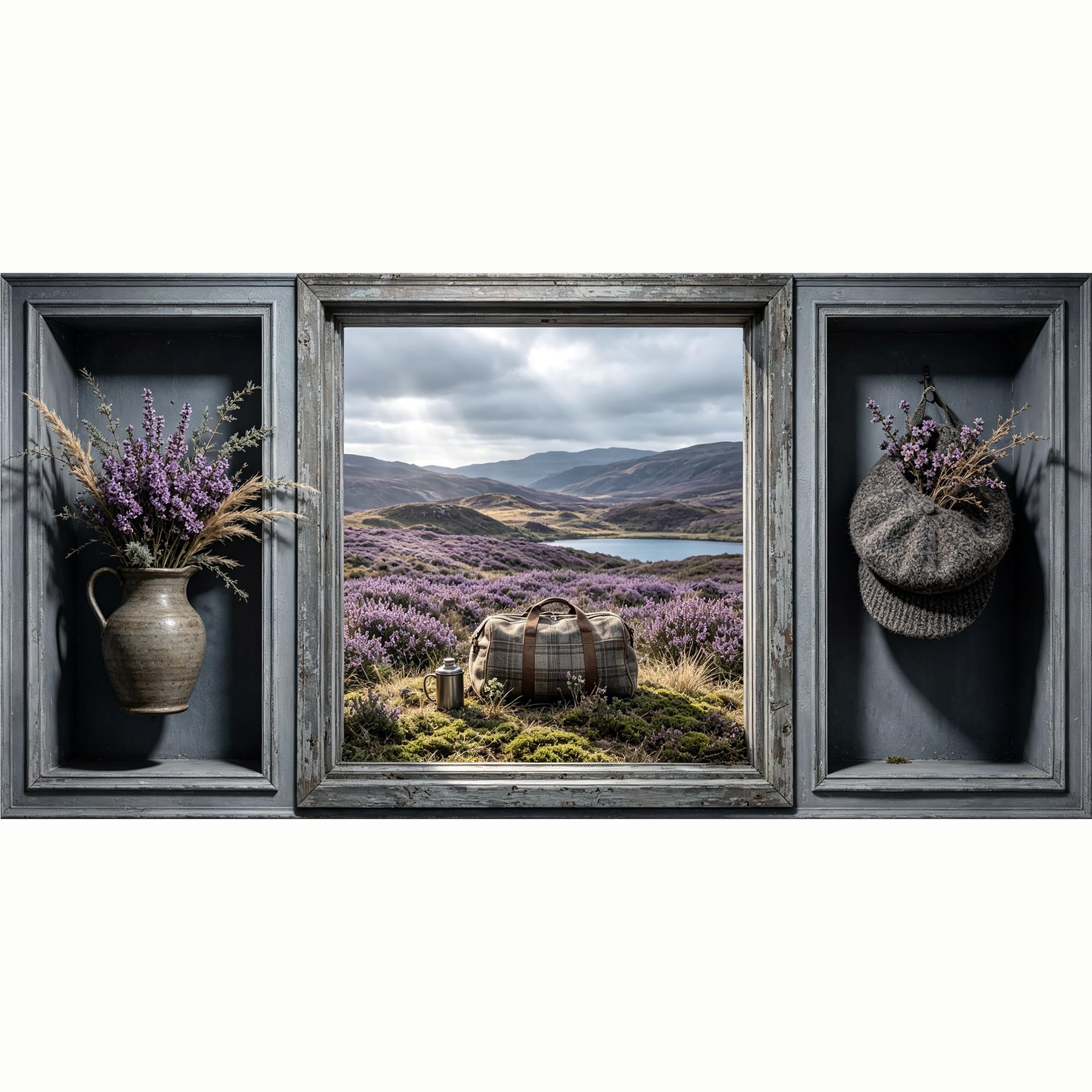 QZLITHOTIC 50x100cm 3D Framed Wall Art， Highland Lake Mountain Landscape Purple Heather Floral SelfAdhesive Mural， WaterActivated Peel & Stick Fabric Decor Wall Decal for Bedroom Living Room