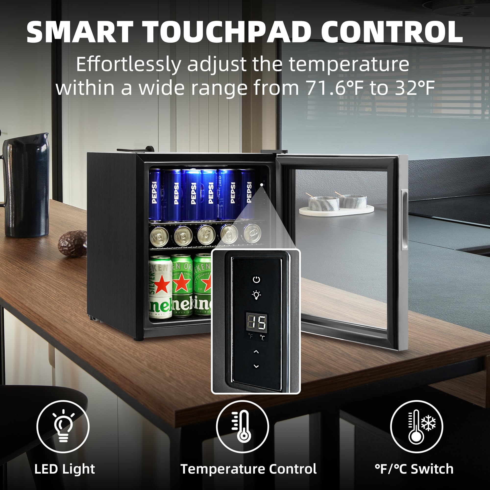 Tecnolove Beverage Refrigerator, 1.6 Cu.Ft Mini Fridge, Stainless Steel, LED Digital Temp Control, Double Glass Door, Adjustable & Removable Shelves, Compact Design For Home & Office on Fridge.com - View 3