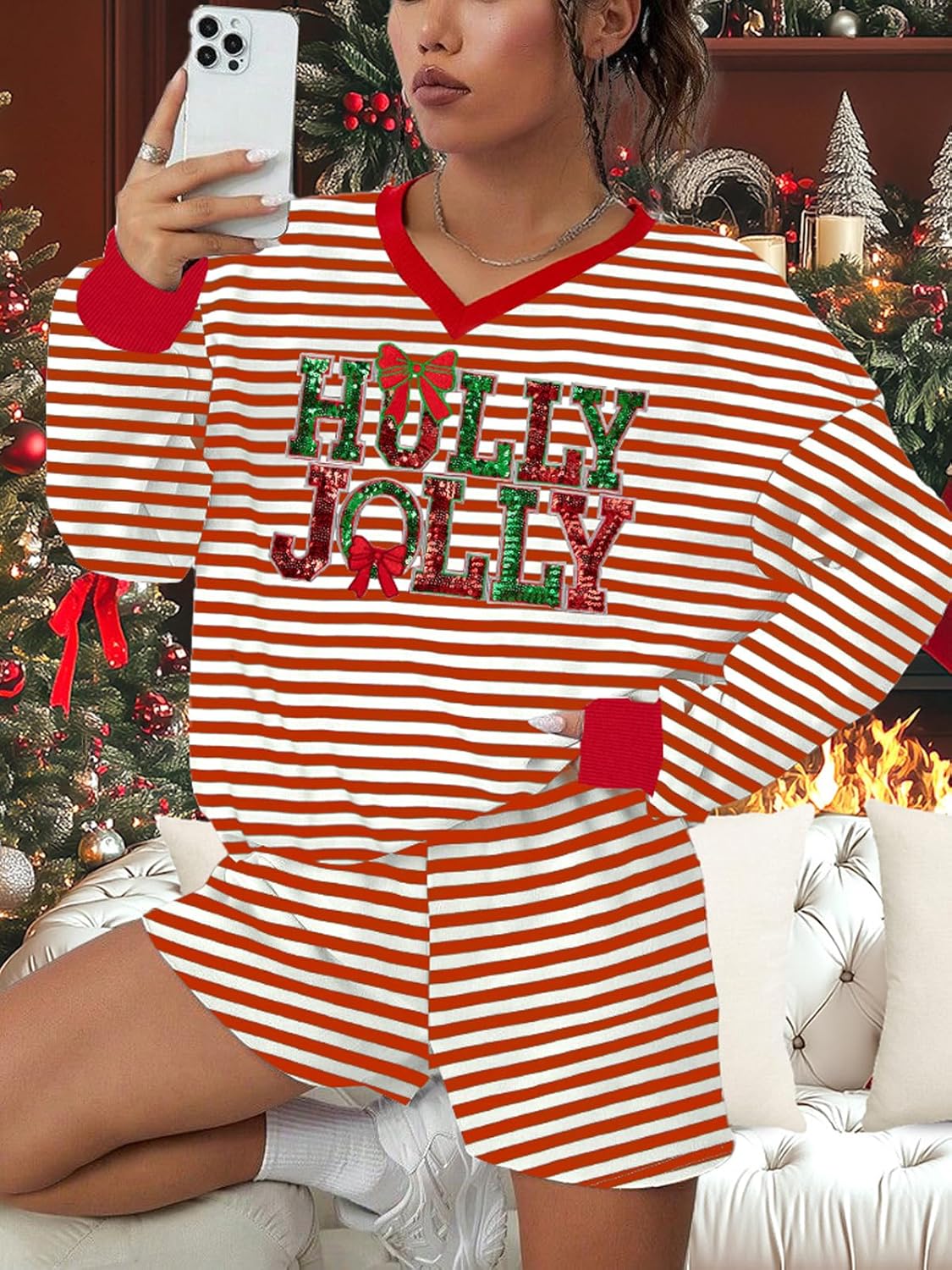 LUKYCILD Women Striped Christmas Sets V Neck Lounge Short Set Matching Sweatsuit with Pockets Casual Xmas Pjs 2 Piece Outfits - Image 4