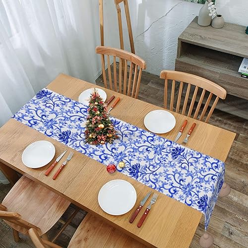 Miniatura 6 de Camino de mesa de Navidad con patrón floral azul y blanco, decoración de mesa de comedor, decoración de Navidad, decoración de interiores del hogar,