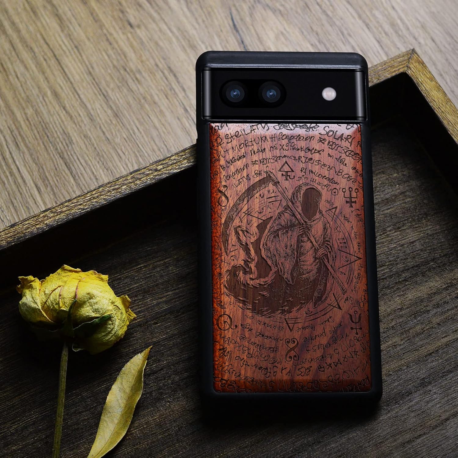 Carveit Wood Case for Pixel 6a Case [Natural Wood & Black Soft TPU] Shockproof Protective Wooden Cover Compatible with Google Pixel 6a (The Grim Reaper of Carved-Rosy)