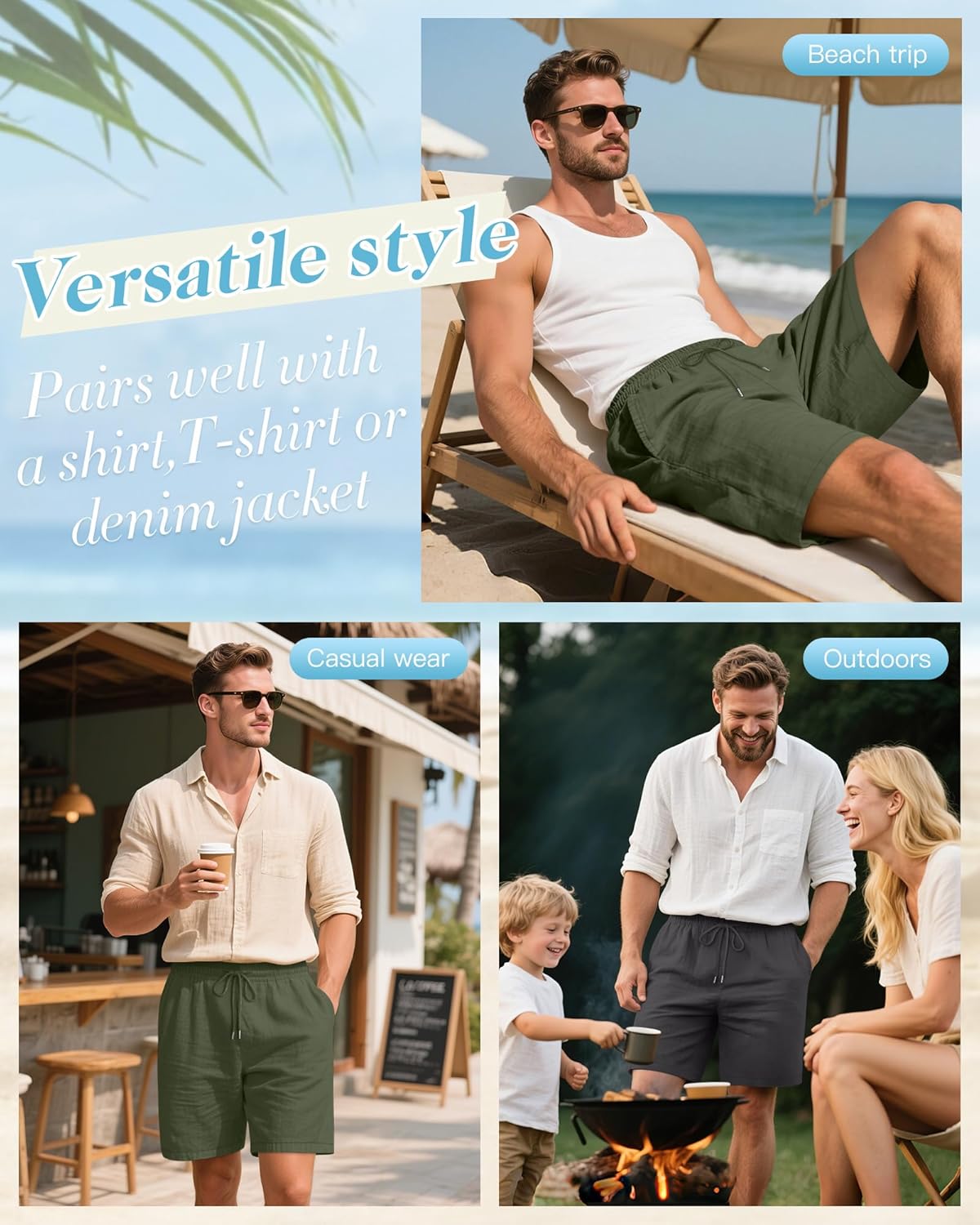 Ficerd 2 Pack Cotton Linen Big and Tall Shorts for Men Drawstring Elastic Waist 7" Summer Beach Bermuda with Pockets - Image 4