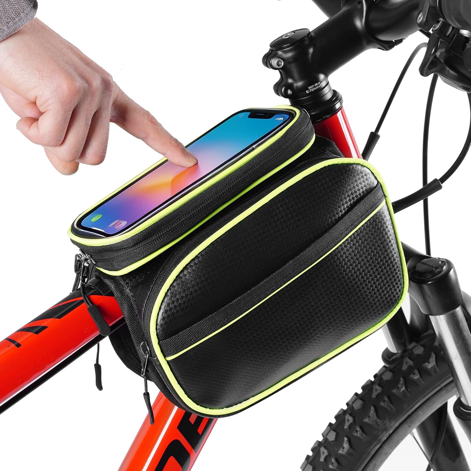 Bike Phone Frame Bag, Bike Accessories Pouch, Bicycle Riding Bag | with Touchable Screen, Double Zipper Large Capacity, for Road Mountain Cycling, for Phones up to 7”