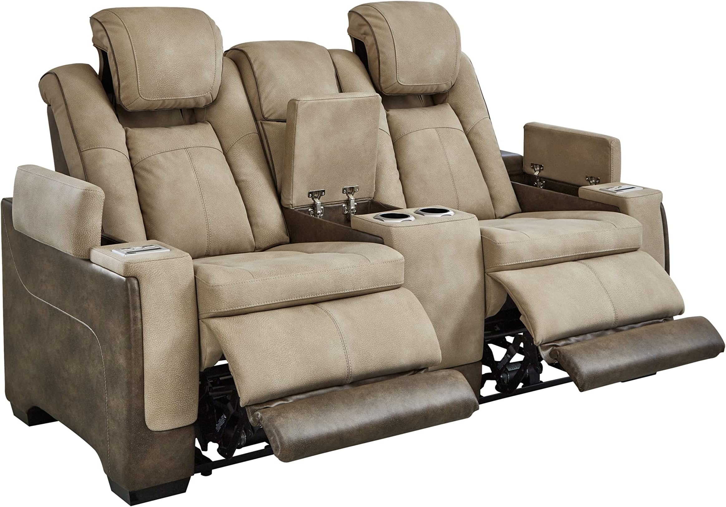 Next-Gen DuraPella Power Reclining Loveseat with Console & Adjustable Headrest, USB Charging, Faux Leather, 75" W x 39.5" D x 43" H, Sand