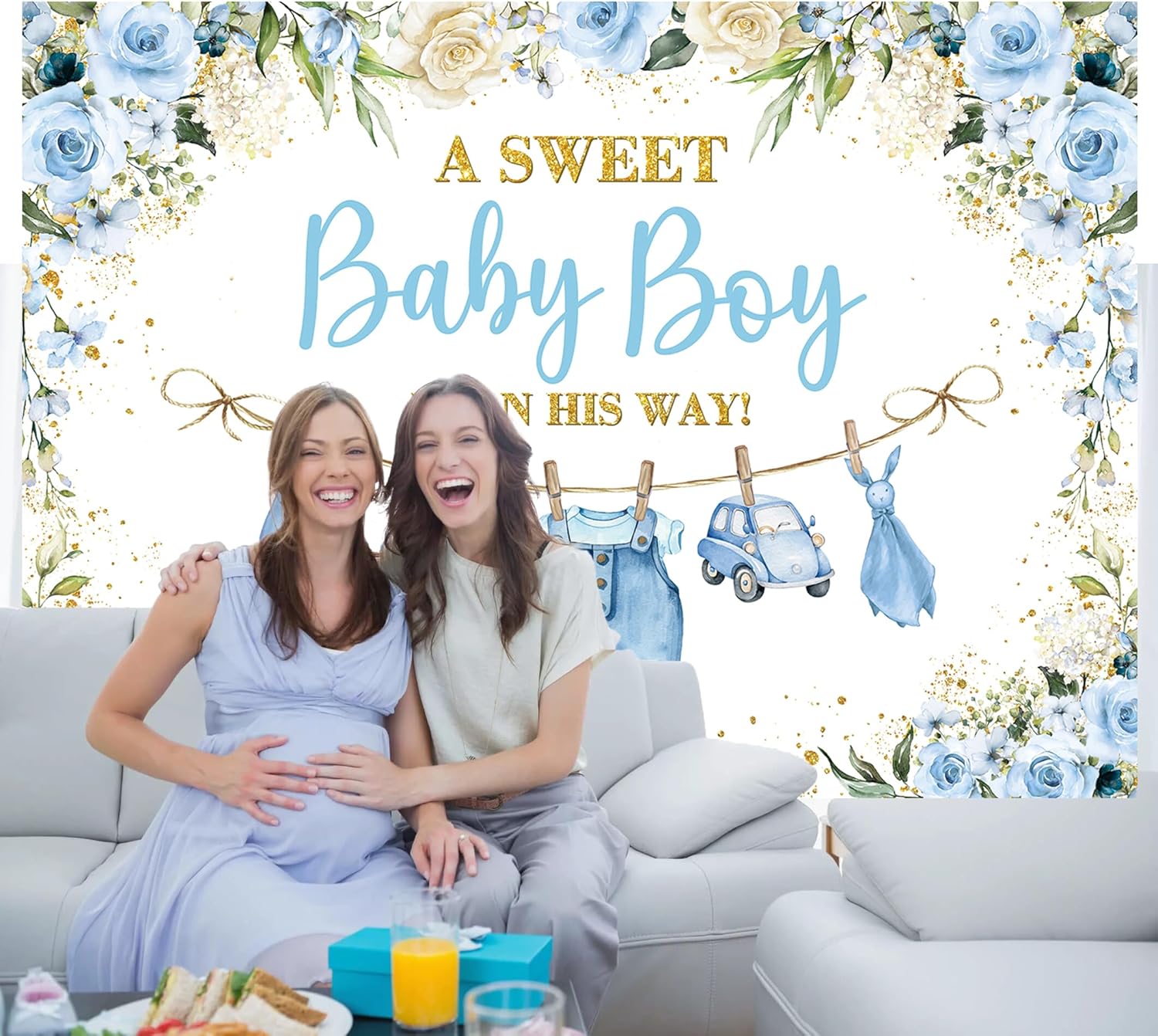 Cute Clothes Baby Shower Backdrop for Boys Blue Flowers Leaves a Sweet Baby Boy is on The Way Background Newborn Kids Baby Shower Birthday Party Decorations Banner Supplies Photo Props (Blue, 8x6FT)
