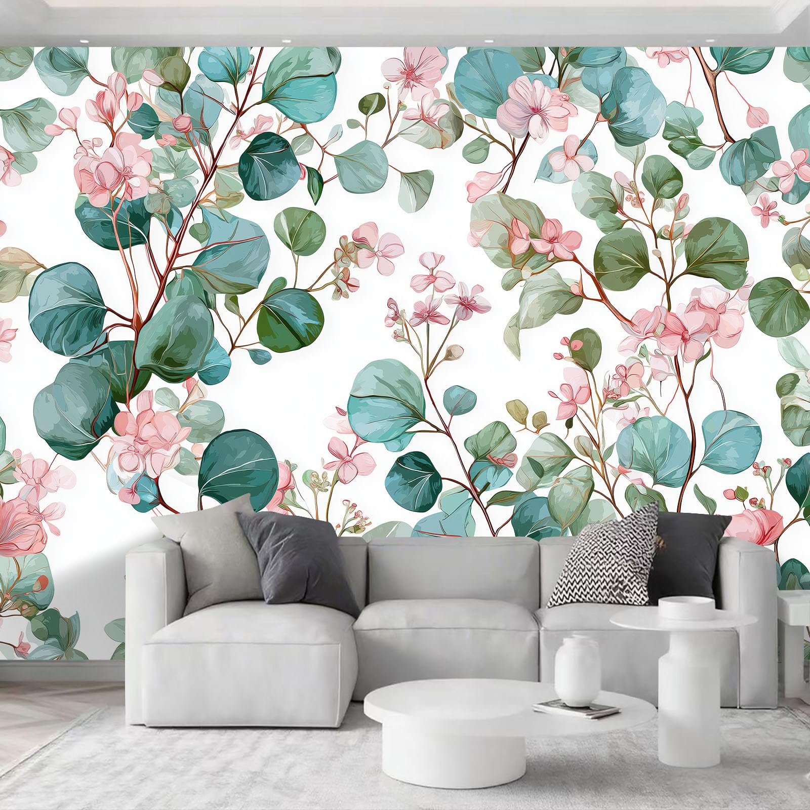350 x 256 cm, fototapeta z włókniny, styl wiejski, z liśćmi eukaliptusa i kwiatami, tapeta fotograficzna, do salonu, sypialni, tapeta na flizelinie, tapeta ścienna, efekt 3D, zielona