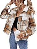 Binshre Womens Cropped Plaid Shacket Flannel Long Sleeve Button Down Jackets Coat for Women