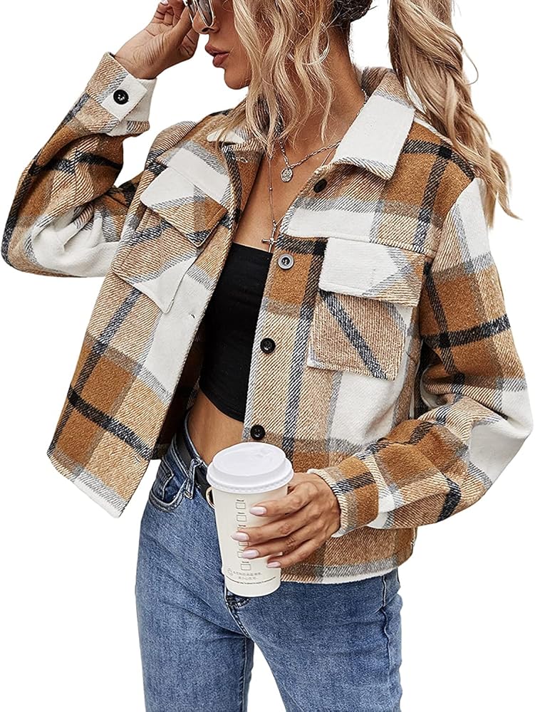 ジャケット・アウター Plaid Shacket Jacket For Women Button Women's 2023 Plaid Shacket Jacket 2022 European And American
