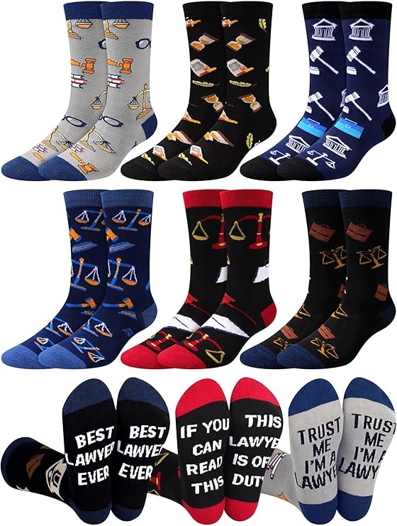 Eurzom 6 Pairs Funny Lawyer Socks for Men Novelty Lawyer Dress Crew Socks Attorney Gifts for Law School Students Graduation