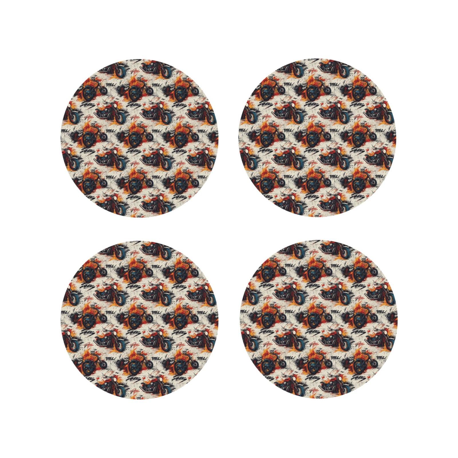 Leather Coasters Set of 4 - Cool Skull Motorcycle Print Lightweight Drink Coasters for Desk