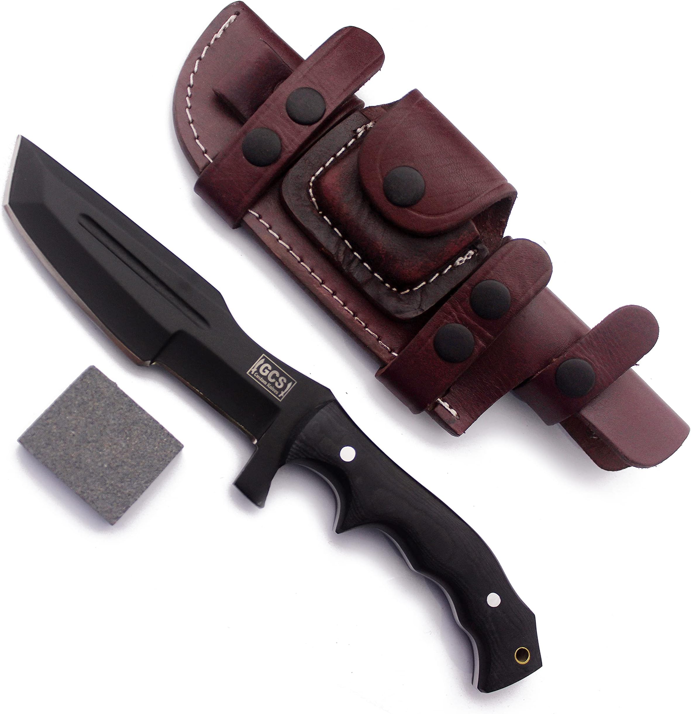 GCS Handmade D2 steel Hunting Knife G10 Handle Fixed Blade Knife Right Hand Scout Carry Buffalo leather Sheath and Sharpening Stone for Hunting Camping Survival and EDC