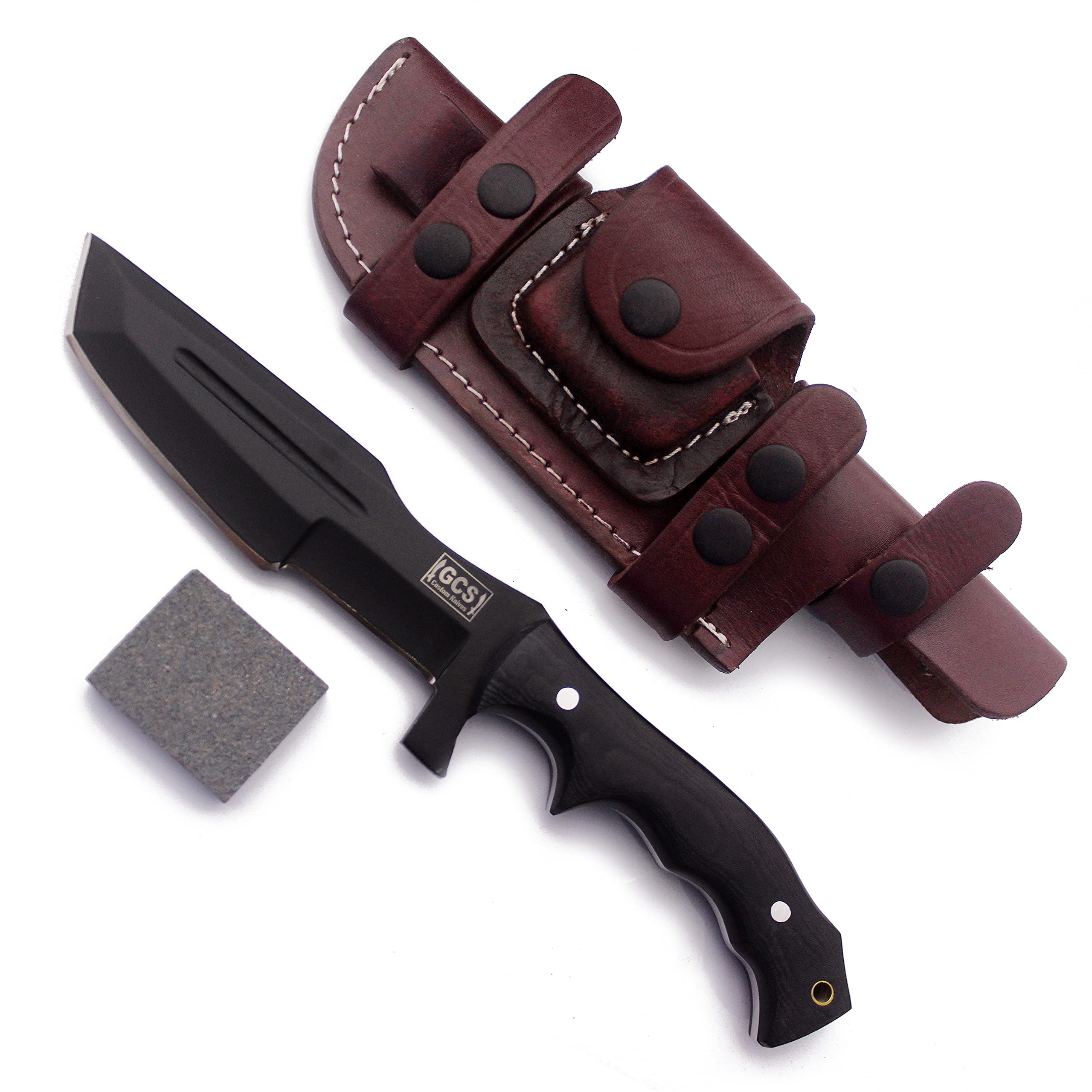 GCS Handmade D2 steel Hunting Knife G10 Handle Fixed Blade Knife Right Hand Scout Carry Buffalo leather Sheath and Sharpening Stone for Hunting Camping Survival and EDC