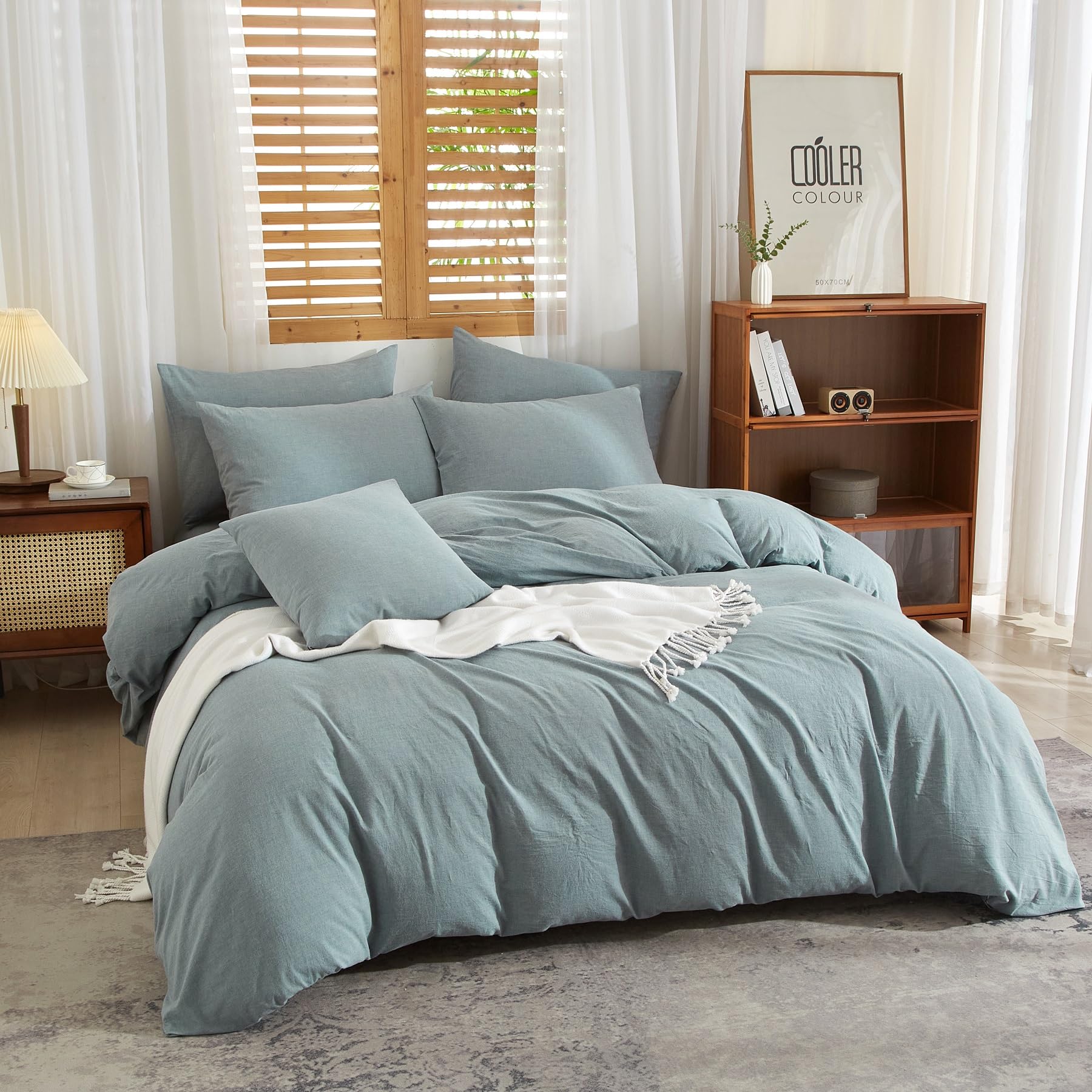 Copripiumino Mezza Lino 140 x 200 Blu - Set da letto misto morbido e traspirante e morbido, in cotone, biancheria da letto singolo, con cerniera e federa 65 x 65 cm