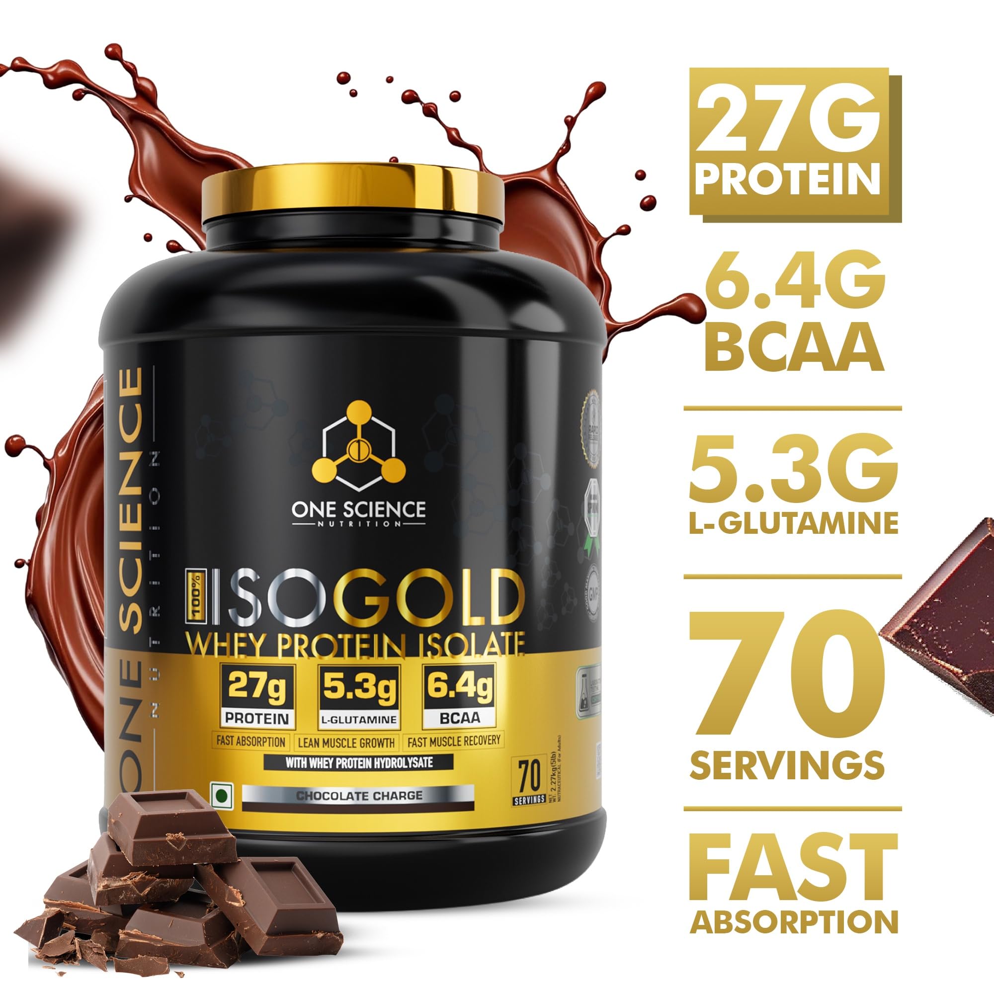 One Science Nutrition ISO Gold Whey Protein Isolate | 27g Protein, 5.3g L-Glutamine, 6.4g BCAA | Fast Absorption & Lean Muscle Support - 70 Servings (5lbs, Alphonso Mango) — Amazon image 3