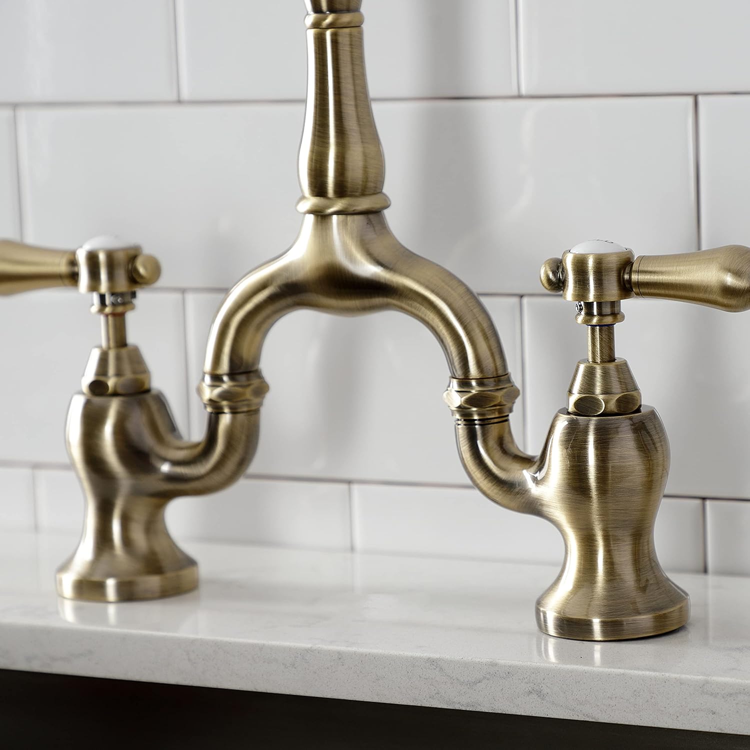 Kingston Brass KS7753BALBS Heirloom Bridge Kitchen Faucet with Brass Sprayer, Antique Brass